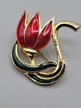 SFJ Swirl Tulip Brooch Enamel Gold Tone Red Petals Green Stem Leaf Vintage
